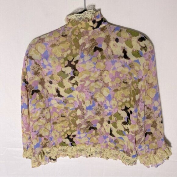 Lloyd Williams Yellow Purple Semi Sheer Abstract Print Button Up Mock Neck Top M - Picture 2 of 14